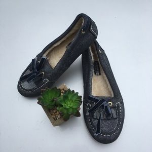 Sperry Blue Glitter Moccasin Boat Shoes Fluffy Faux Fur Lining Size 7